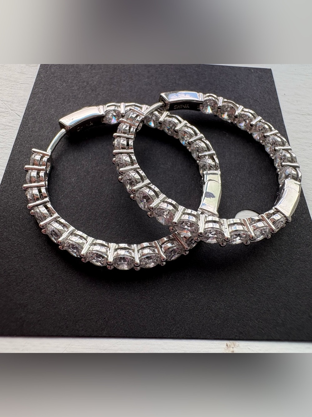 Silver Tone CZ Hoop Earrings | Sparkling Round Stone Latch Back Hoops - Picture 9 of 12